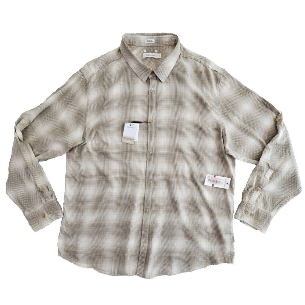 Calvin Klein Modern Casual Roll-Tab‎ Shirt Men's XXL Beige Plaid Long Sleeve NWT